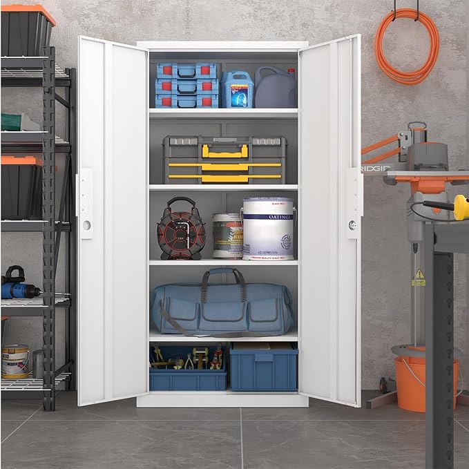 LUCYPAL Metal Garage Storage Cabinet with 2 Doors and 4 Adjustable Shelves - 70.8" Steel Locking Storage Cabinet,Garage Cabinets for Office,Home,Garage,Gym,School (White)