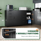 Letaya 5 Drawer Storage Cabinet, Mobile Printer Stand for Home Office,Dresser Chest with Shelves and Door(Black)