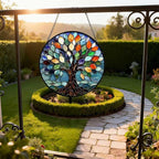 Stained Glass Window Hanging, Tree of Life Sun Catcher Glass Panel with Metal Chain, 7.88’’ Indoor/Outdoor Art Decor for Home Garden, Birthday, Christmas