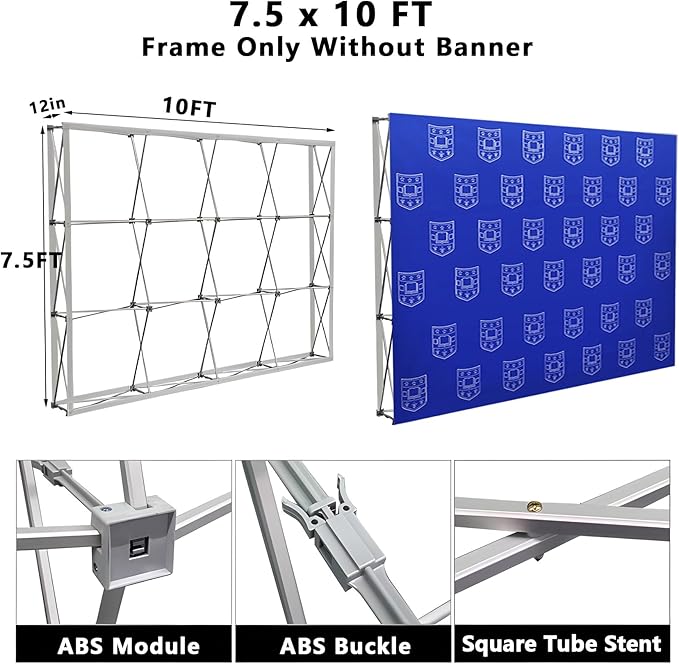 Portable Collapsible Pop Up Trade Show Display Backdrop Stand, A Folding Tension Fabric Holder For Tradeshow Booth Exhibition Wedding Conference Party Event 7.5x10FT(Frame Only)