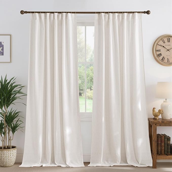 NICETOWN Natural Linen Cream Curtains for Bedroom, Pleat Tab Privacy Added Curtains & Drapes with Light Filtering Window Treatments for Living Room/Farmhouse, W52 x L95, 2 Panels