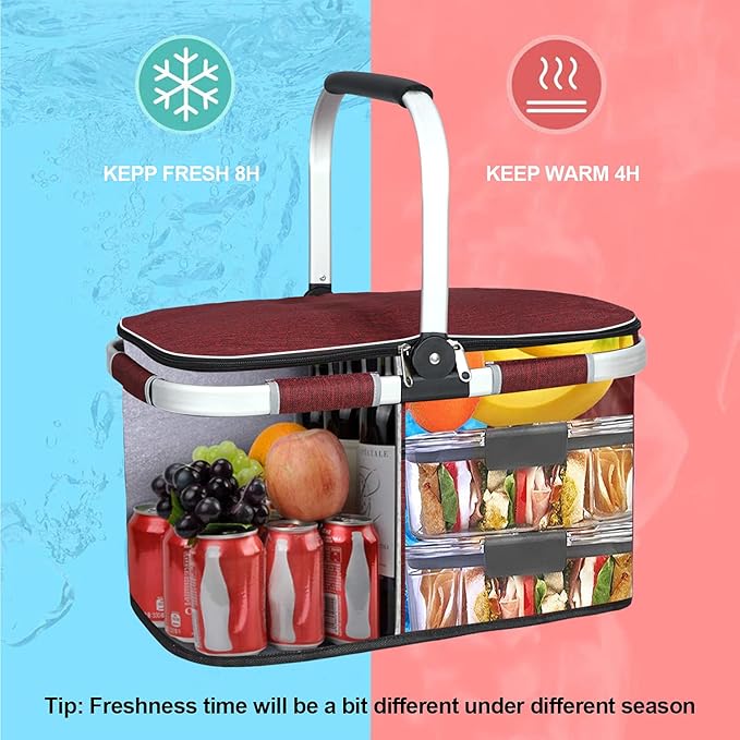 LIQING 35L Large Picnic Basket 2 Layers of Internal Pockets Leak-Proof and Insulated ，Folding with Internal Support for enhansed Stability, Wedding Gifts for Couple(Wine red)
