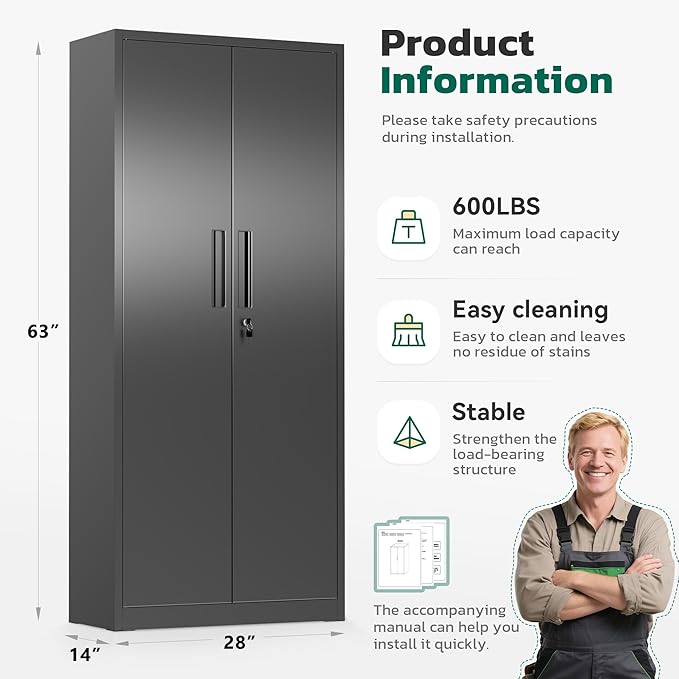 Greenvelly Metal Storage Cabinet, 63" H Locking Metal Storage Cabinet with Doors and 4 Shelves, Lockable Steel Cabinets for Kitchen, Bedroom, Living Room, Office (Black)