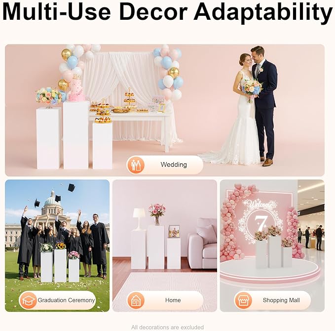 3Pcs Square Pedestal Stands for Parties, White Metal Display Plinth Pillars, for Birthday Wedding Bridal Baby Shower Party Decorations, 27.5, 35.5, 39 Inches Tall