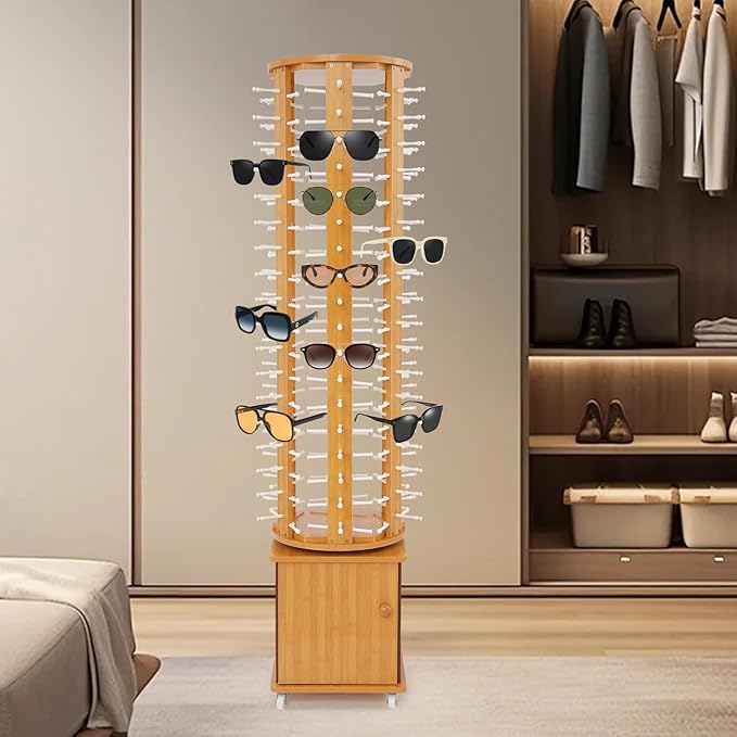 Sunglasses Display Stand, 108 Pairs Wooden 360° Rotating Sunglass Eyeglass Holder Organizer, Glasses Hanger Storage Rack for Retail Commercial Display, L14.2*H66.1in, Brown