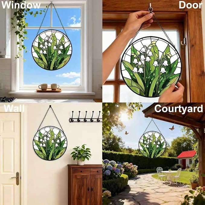 Stained Glass Window Hanging, Lily of The Valley Flower Sun Catcher Glass Panel with Metal Chain, 7.88’’ Indoor/Outdoor Art Decor for Home Garden, Birthday, Christmas