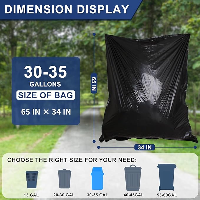 30-35 Gallon Trash Bags Heavy Duty 1.5 Mil - 35" x 37" 100 Count Large Black Garbage Bags 30+ Gallon Strong Plastic Trash Can Liners for Home Kitchen Commercial Lawn and Leaf