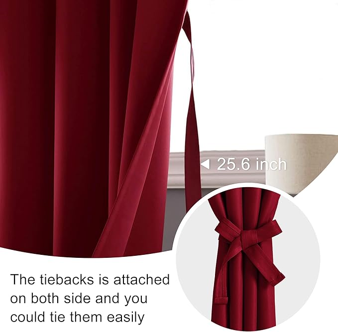 JIUZHEN Christmas Blackout Curtains for Bedroom - Thermal Insulated Room Darkening Rod Pocket Curtains for Living Room, Set of 2 Panels with Tiebacks, 38 x 45 Inch Length, Red