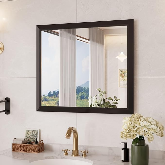 Amorho Bathroom Mirror Black, 28x32 Inch Thick Metal Framed Wall Mirrors, Suitable or Bedroom, Living Room, Entryway, Rectangle Wall-Mounted Mirrors(Horizontal/Vertical).