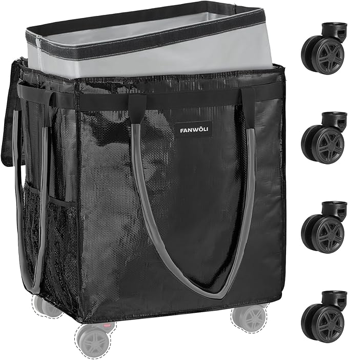 (Medium) Fanwoli Reusable Grocery Bag On Wheels with Removable Liner | Wrinkle-Resistant Fabric | Enhanced Stability Wheels & Extended Handle | Foldable Shopping Trolley for Laundry, Carries Up to 66L