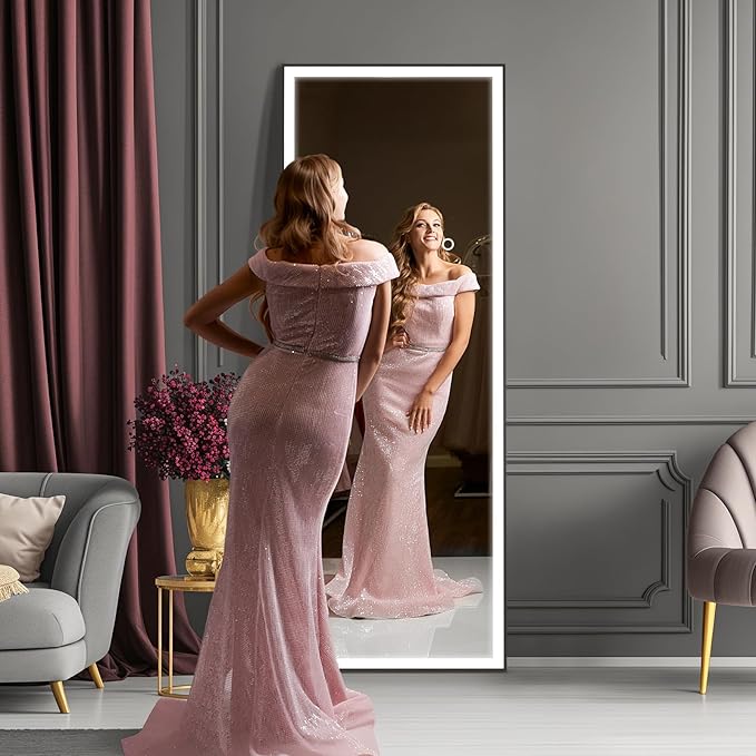 Kosmonia 64x21 Full Length Mirror, Dimmable 3 Color LED Light w/Light Memory, Distortion Free Silver Coating Mirror, HD Reflection &Anti Desilvering,Tempered Glass &Shatter Proof Film Doubles Safety