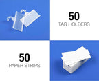 Pack of 50 - Plastic Wire Shelf Label Holder, Sign and Ticket Holder, Easy Clip Design with Tight Snap Lock Closure. Height, 1-1/4" X Width, 3" | "50 Label Inserts Included"
