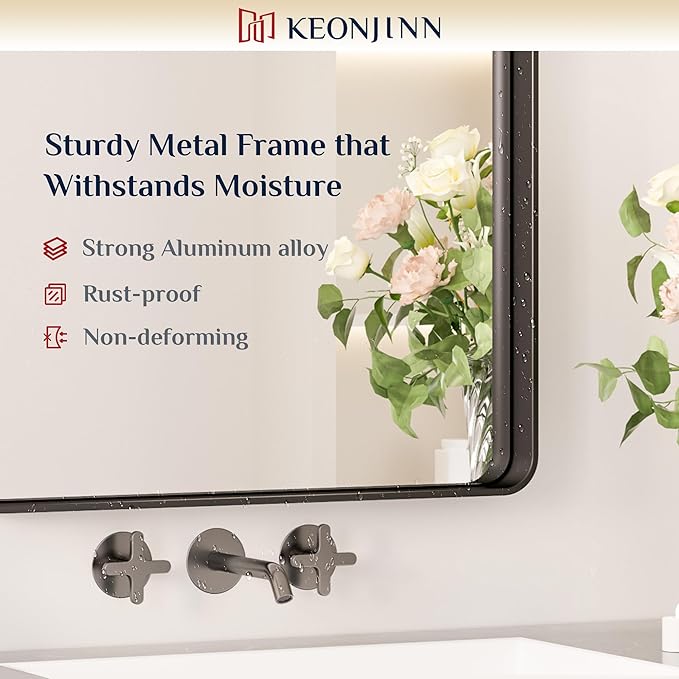 Keonjinn Black Bathroom Mirror for Over Sink, 60 x 40 Inch Large Rounded Rectangle Bathroom Vanity Mirror, Matte Black Farmhouse Wall Mirror, HD Tempered Glass, Seamless Aluminum Alloy Frame Mirror