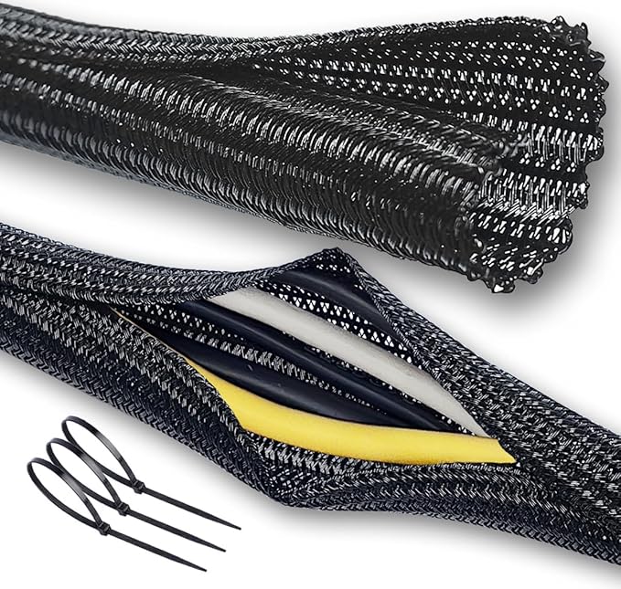 Cable Management Split Wire Loom Sleeve - Cord Hider & Protector for Desk, Pet Chew Proof, Wire Cover Organizer, Flexible Tube for Wires and Cables (3/4 Inch 10FT, Black)