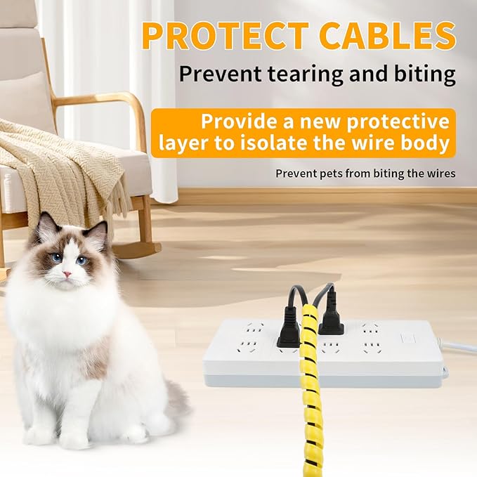 Spiral Cable Wrap, 16.4ft, 33ft Wire Protection Sleeve Cover Cable Organizer Pipe Flexible Spiral Wrap Winding Tube Prevent Cat from Chewing Cables (Yellow, 10mm (3/8")-33ft)