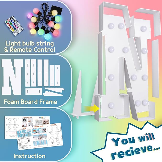 imprsv 4FT Colorful Marquee Letters N, 18 Colors Large Light up Letters Alphabet Sign with Remote, Large Marry Me Sign, Birthday Party Decorations Anniversary Wedding Decoration