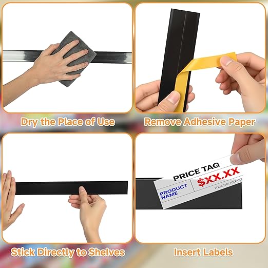 50 Pcs Shelf Label Strips 1.5''H x 48''L Self Adhesive Label Holder with 50 Pcs White Labels, Gondola Price Tag Holder Clear PVC Adhesive Ticket for Metal Wood Plastic Rack (Black)