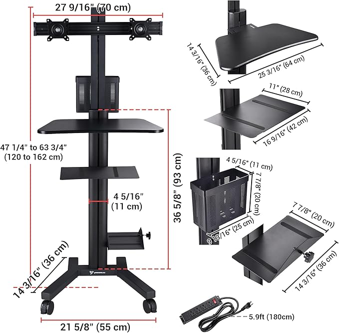 Yescom Mobile Computer Cart on Wheels Rolling PC Stand Desk Work Station Dual Monitor Mount Adjustable Keyboard Tray CPU Printer Holder for Lab Warehouse Black