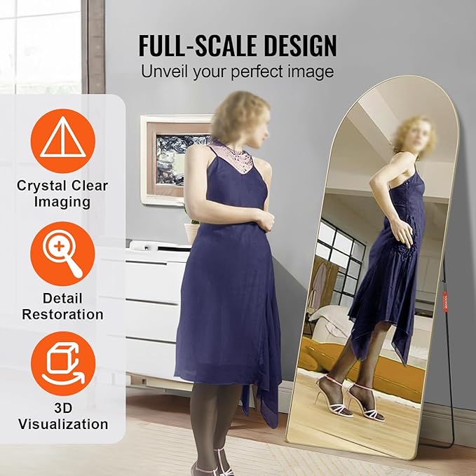 VEVOR Full Length Mirror, 71'' x 30'' Large Gold Arched Floor Mirror with Stand Aluminum Alloy Frame, Free Leaning Hanging Wall Mounted, Full Body Mirror for Bedroom Living Room