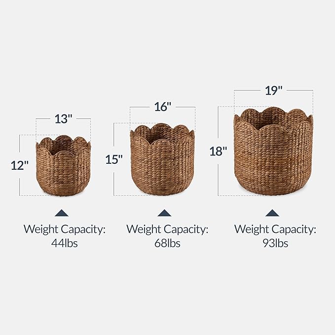 Best Choice Products 3pc Water Hyacinth Scalloped Multipurpose Nesting Baskets, Storage Bin Organization Totes for Living Room, Bedroom, Nursery, Laundry Room -Chestnut