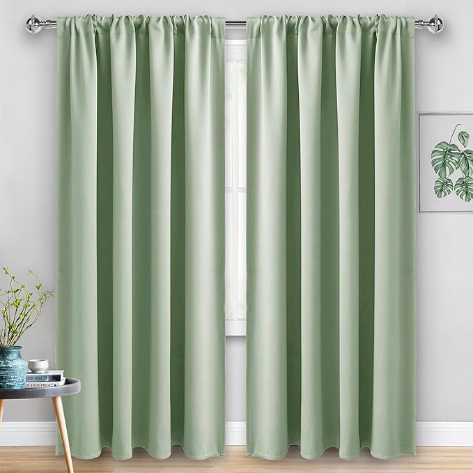 JIUZHEN Blackout Curtains for Bedroom - Thermal Insulated Room Darkening Rod Pocket Curtains for Living Room, Set of 2 Panels with Tiebacks, 60 x 96 Inch Length, Light Green