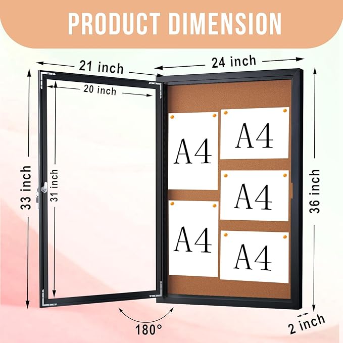 Enclosed Cork Bulletin Board 36"x24" Outdoor Weatherproof Cork Noticeboard with Locking Door Wall-Mounted Black Aluminium Frame for Home, School, Office, Community, Hospital