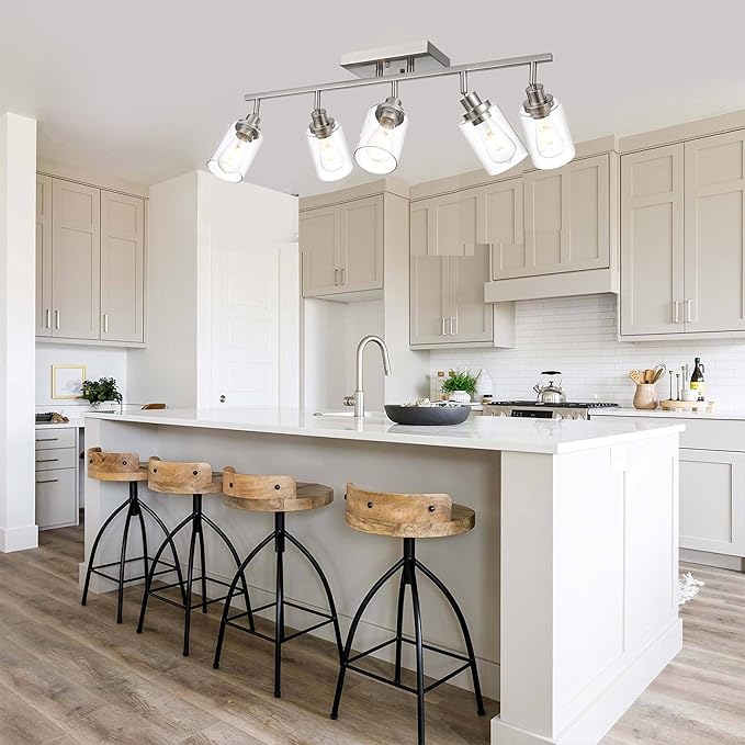 5 Light Track Lighting Kit Brushed Nickel Kitchen Track Lighting Fixtures Ceiling Mount Bathroom Vanity Wall Scones Light Fixture with Clear Glass, Rotatable Spotlight for Kitchen Shop Hallway
