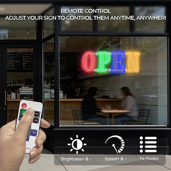 30'' x 10" LED Open Signs for Buisness, Remote Control and Adjustment Brightness & Speed - 14 Mode, Large Open Closed Sign for Bar Store Restaurant Office Hotel Salon Red&Green&Blue&Yellow