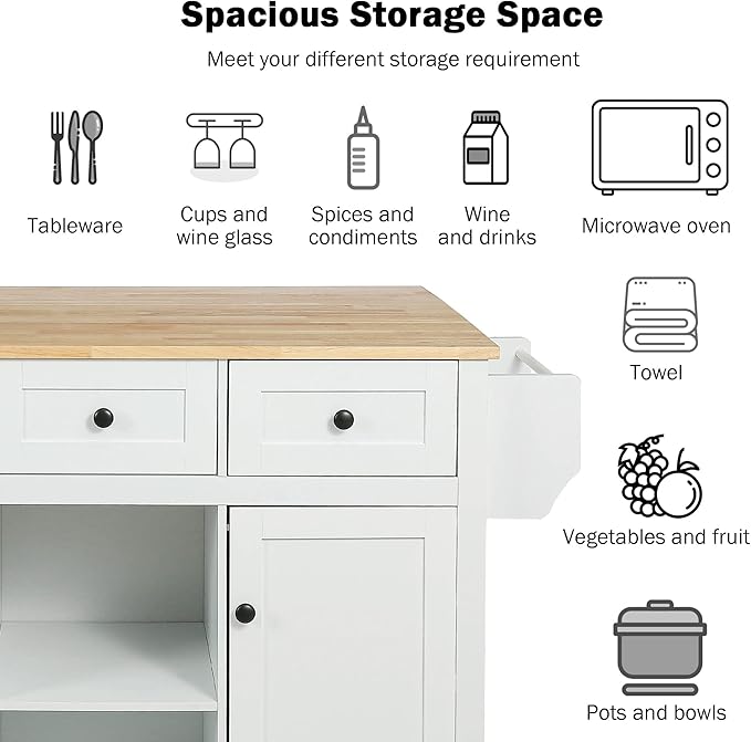 Yayzy Rolling Kitchen Island with 2 Bar Stools, Drop Leaf, Cabinet Door Storage Racks & 3 Drawers, Mobile Kitchen Cart with Rubberwood Top & Locking Wheels for Dining Room & Kitchen, 53-Inch, White