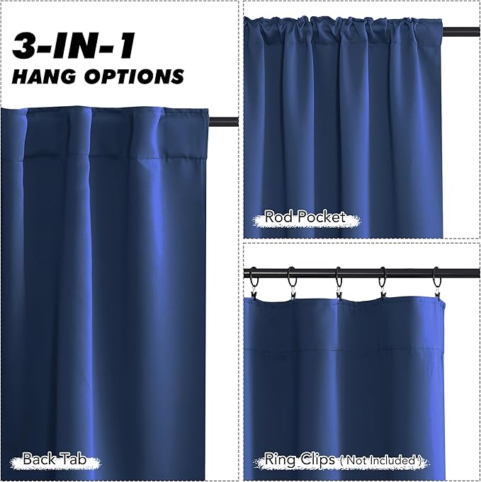 KGORGE Short Blackout Curtains 45 inch Length, Rod Pocket Privacy Room Darkening Drapes Thermal Insulation Noise Reducing Curtains for Bedroom Kitchen, W52 x L45 inches, Blue, 2 Panels