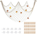 80x40 Inch Decorative Fishing Net w/Shells & Clips, 3mm Beige Natural Cotton Large Photo Hanging Fishnet, Wall Halloween Party Decorations for Nautical Pirate Hawaii Underwater Mermaid Themed Party