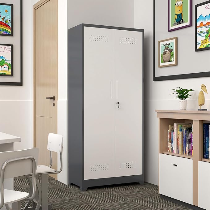 GREATMEET 72.8" H Metal Garage Storage Cabinets, Lockable Broom Closet Storage Cabinet with Doors and Shelves, Utility Cabinets for Storage Locker, Grey-White