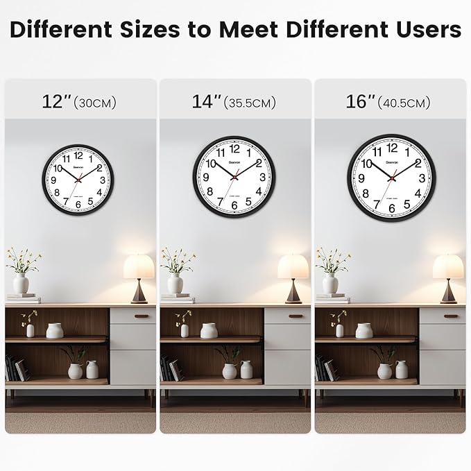 Geevon 16 Inch Atomic Wall Clock - Self-Setting Analog Clock with Automatic Time Sync - Battery Operated for Home Office School - Black Frame