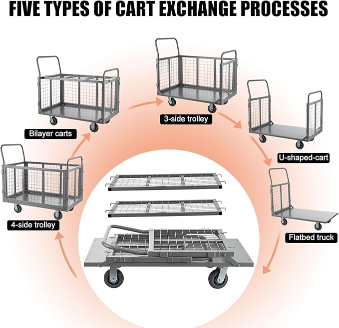 Platform Truck Cart with Cage, 5 in 1 Heavy Duty Platform Carts with Cage 2000 LBS Capacity Foldable Push Cart Dolly with 5" Casters for Groceries/Garage/Warehouse
