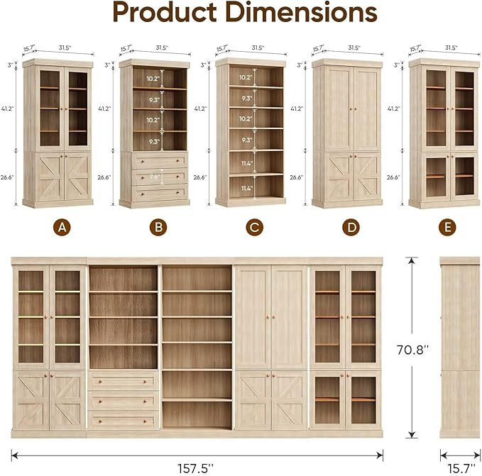 Vyre 70.8" Tall Farmhouse Bookshelf with Glass Doors, Modular Bookcase with 6-Tier Adjustable Shelves, Large Storage Cabinet for Kitchen, Living Room, Set of 4, Brown