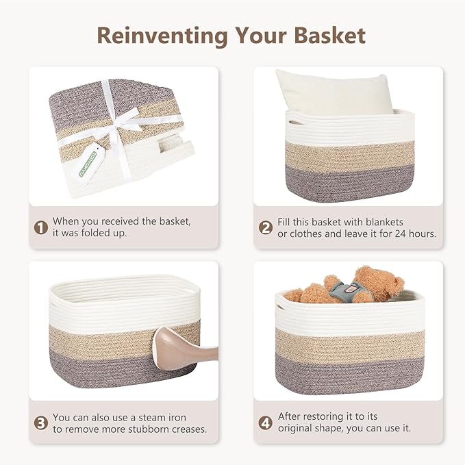 Cotton Rope Storage Baskets,15x10x9 in,Foldable Storage Bins, Decorative Woven Basket Cube Storage Organizer for Laundry, Towel, Clothes (White/Beige-3Pack, 15x10x9 inches)