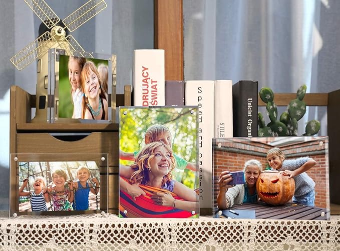 ILYXY 3 Pack Acrylic Frame 2x6, 20% Thicker, 20mm Thick Frameless Clear Picture Frame, Double Sided Magnetic Photo Frame, Free Standing Desktop Display Stand Acrylic Picture Frames