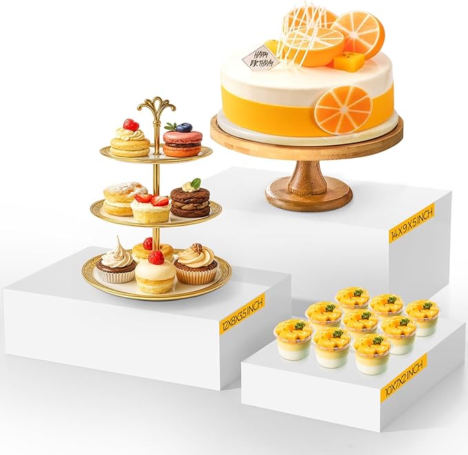 3 Pack Extra Large Acrylic Buffet Risers - 14”, 12”, 10” White Display Stands with Hollow Bottoms, Cube Riser Boxes Nesting for Dessert Food Catering Buffet Display Party Supplies