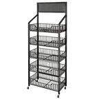 5 Tier Supermaket Snack Rack Display Stand, Free-Standing Black Retail Display Shelves with 12 Hooks & 4 Wheels, Large Metal Snack Shelf for Store Business