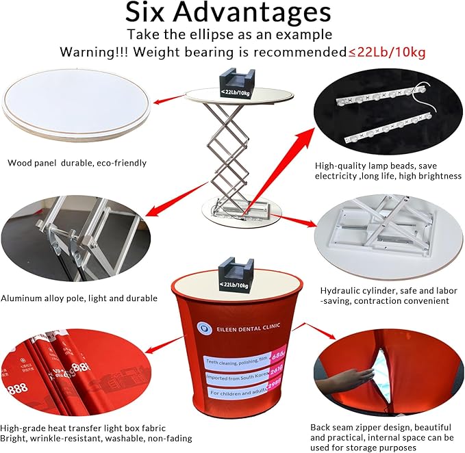 Customizable Foldable Promotion Retail Bar Table Pop Up Podium Tradeshow Podium,Hydraulic lift, Luminescent, Light box(Circular)