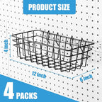 Sieral 4 Pcs Large Pegboard Baskets Set 12 x 6.5 x 4 Inch Black Metal Wire Baskets Peg Board Organizer Accessories Wall Mount Pegboard Bins Workbench Garage Storage Versatile Wall Organizer Attachment