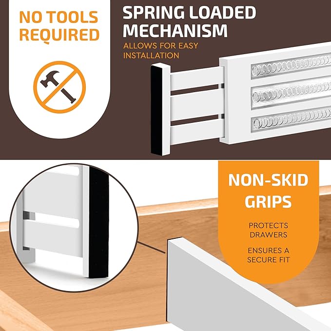 6 Pack Drawer Dividers 6 Inch High, 11”-17" Adjustable Bamboo Organizers Large Expandable Drawer Separators for Cloths, Dresser, Bedroom, Bathroom, Baby Drawer, Office & Kitchen Utensils (White)