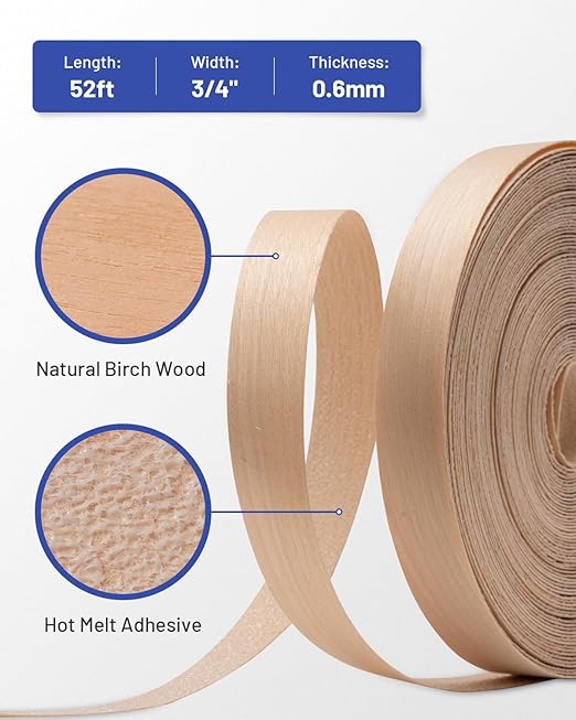 Birch Edge Banding 3/4 inch x 50 ft Real Wood Veneer Plywood Edge Banding Iron-on Pre-glued Veneer Edging Tape for Cabinet Repairs Furniture Restoration