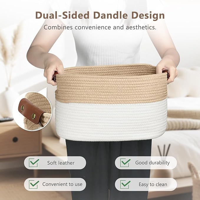 Cotton Rope Storage Baskets,15x10x9 in,Foldable Storage Bins, Decorative Woven Basket Cube Storage Organizer for Laundry, Towel, Clothes (White/Beige-3Pack, 15x10x9 inches)