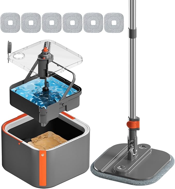 KZKR Upgraded Spin Mop and Bucket Set, Separate Clean and Dirty Water System, 360° Foldable Square Mop Head with Washable Microfibe Mops Pad, Detachable Bucket for Home Floor Cleaning