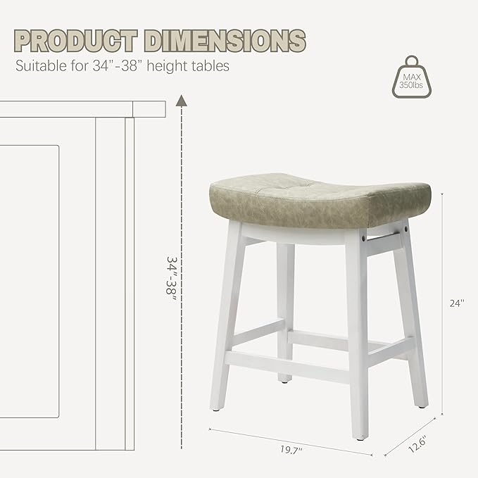 Counter Height Bar Stools Set of 3 for Kitchen Counter Farmhouse Modern Barstools with Faux Leather Upholstered Backless Seat and Solid Wood Legs 24 inch Bar Chairs, Light Grey + White