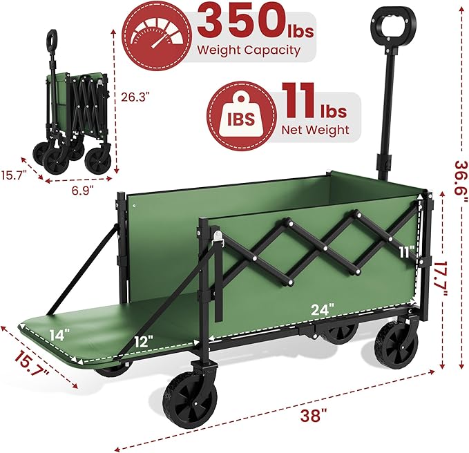 Collapsible Wagon with Wheels & Tailgate, 350LBS Wagons Carts Foldable Heavy Duty, Lightweight Portable Folding Utility Wagon Grocery Shopping Cart for Garden, Camping, Beach (Green)