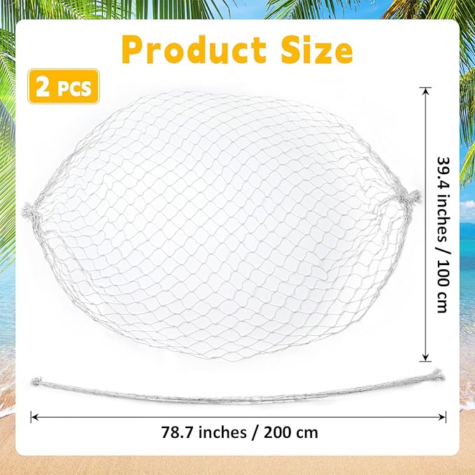 2 Pcs Fish Net Decorations, 39x78 Inch Cotton Nautical Themed Fishing Net, Wall Hanging Photo Display Fishnet for Coastal Bedroom Bathroom, Pirate Beach Under The Sea Party Decor, Bleached White