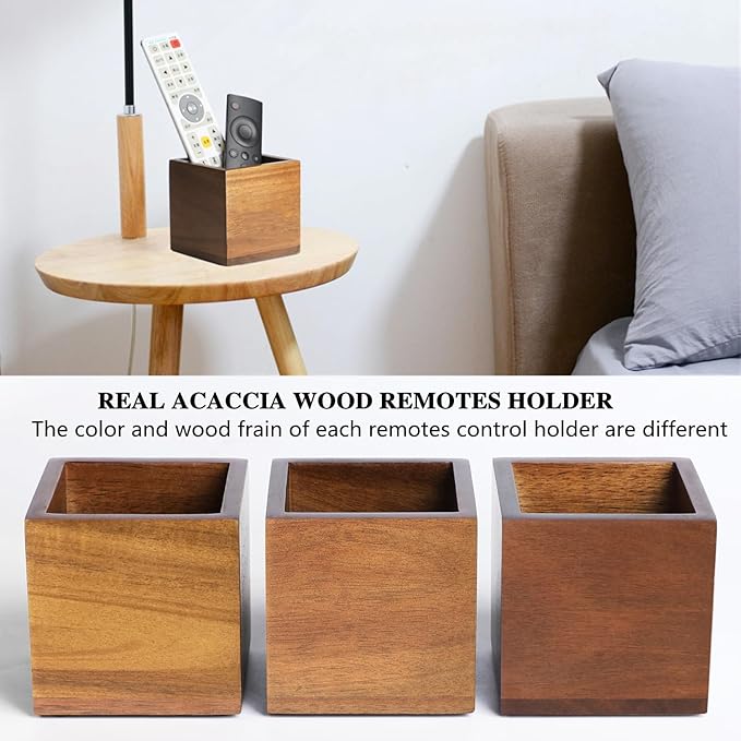 Remote Control Holder Caddy, Farmhouse Acacia Wood TV Remote Holder, Vintage Desk Caddy, Remote Organizer for Table (Brown - for 2 or 3 Remote Controls)