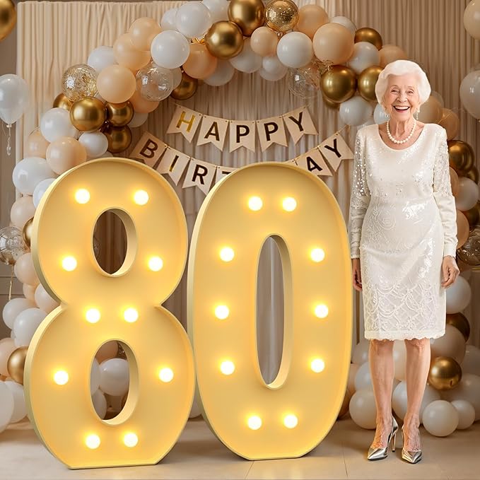 4FT Marquee Numbers 80, Large Light up Number 80 for Birthday Party Supplies, Sign, Backdrop, Happy 80th Birthday Decorations for 80 Years Old Women Men